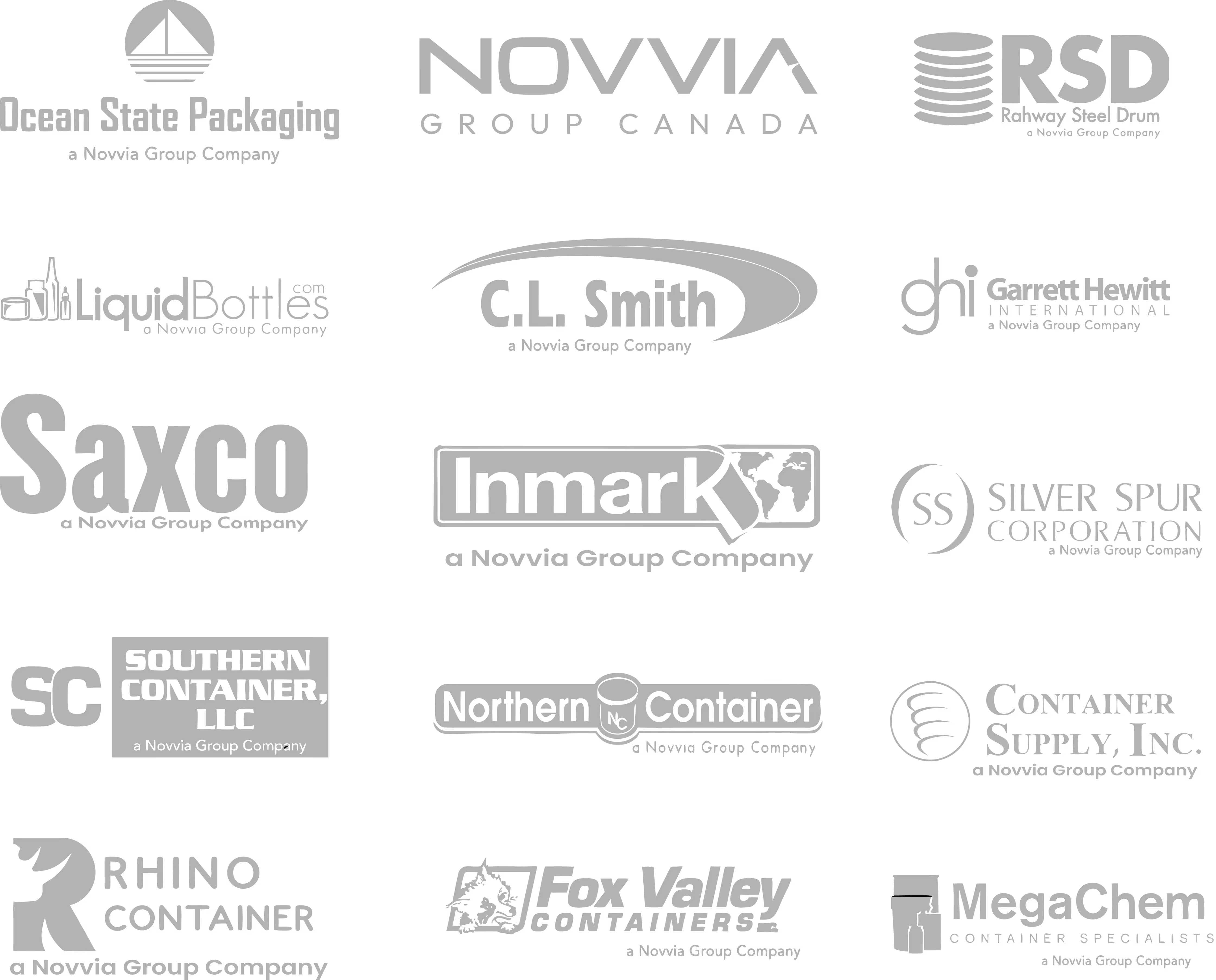 Logos of Novvia Group companies including Ocean State, Novvia Canada, RSD, Liquid Bottles, C.L. Smith, and more.