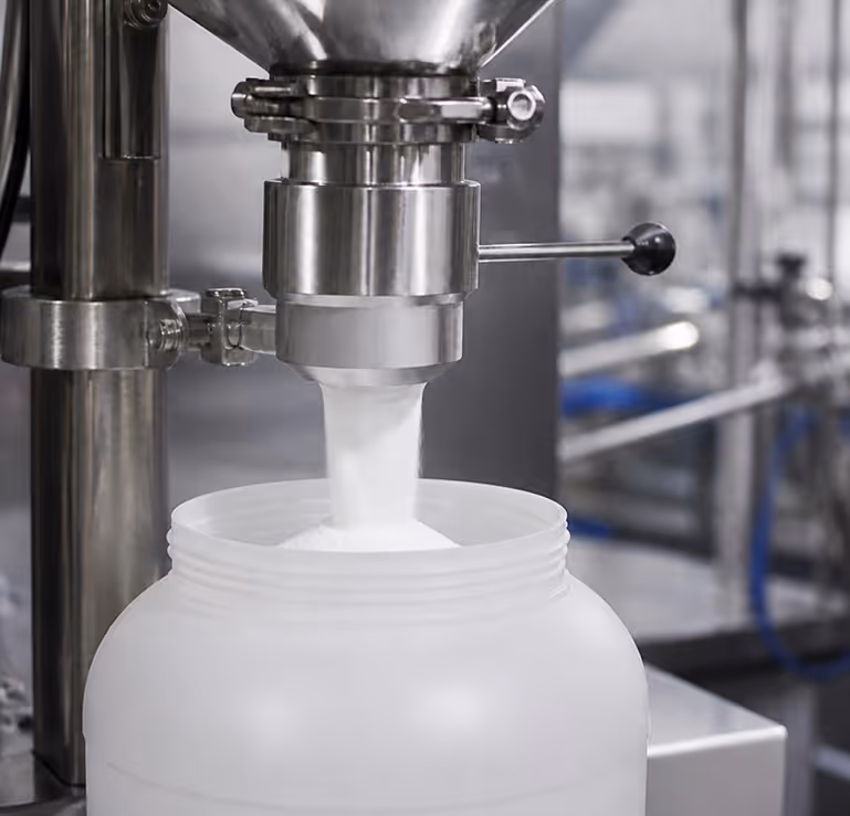 Industrial machine filling a large plastic container with white powder in a factory.