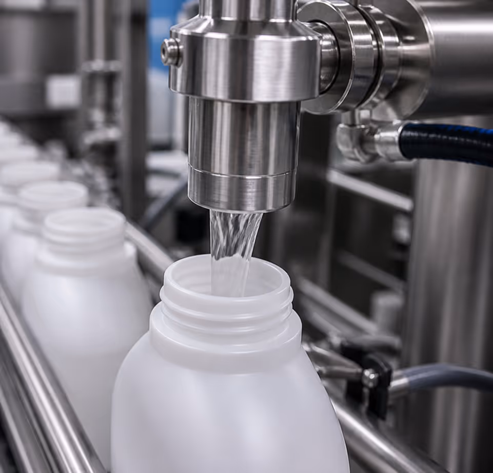 Close-up of liquid being filled into white plastic bottles on a production line.