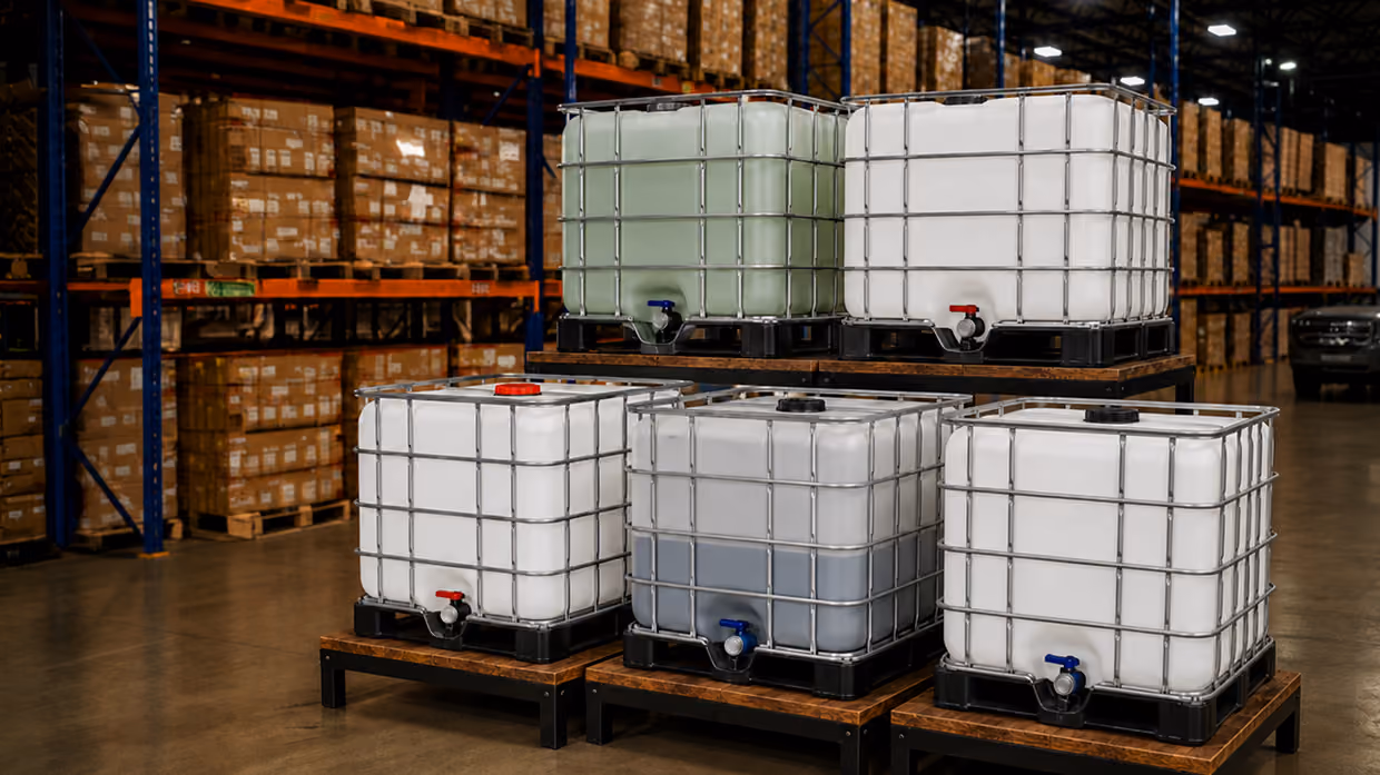 Stainless steel IBC tote on a forkliftable pallet base