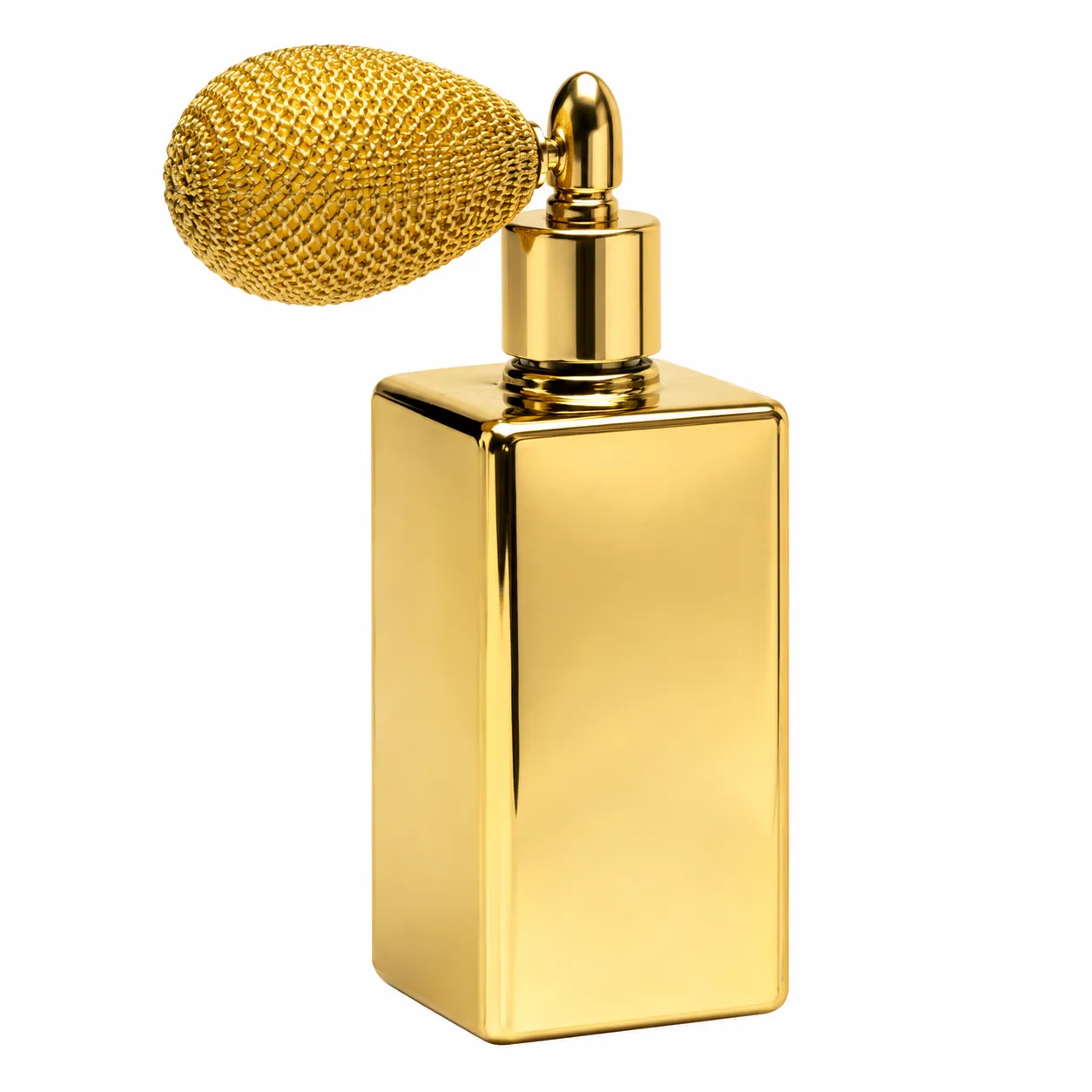 Gold perfume bottle with fabric atomizer — representative fragrance packaging