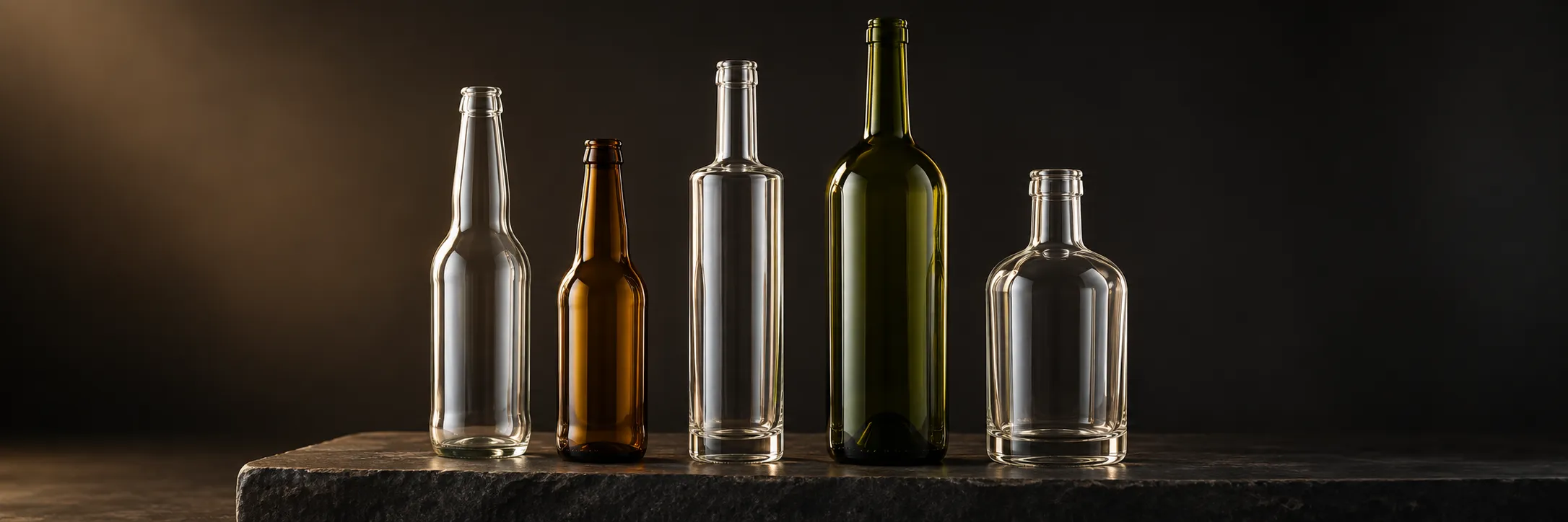 Representative clear, amber and green glass bottle formats in a studio setting