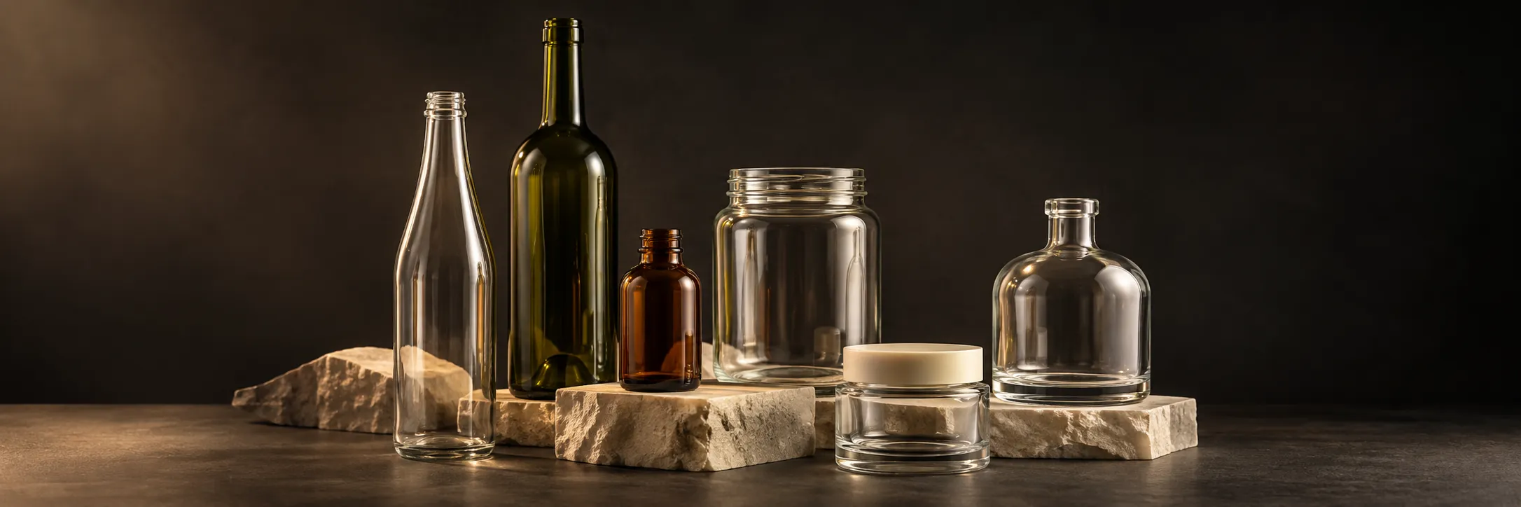 Representative studio arrangement of glass bottles and jars in clear, amber and green glass