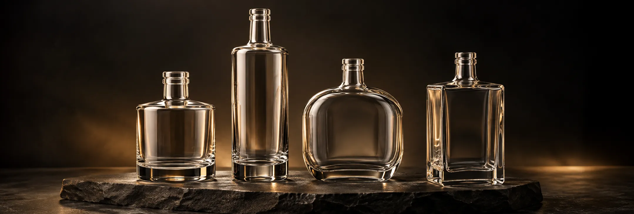 Representative round, flask and rectangular spirits bottles in clear glass