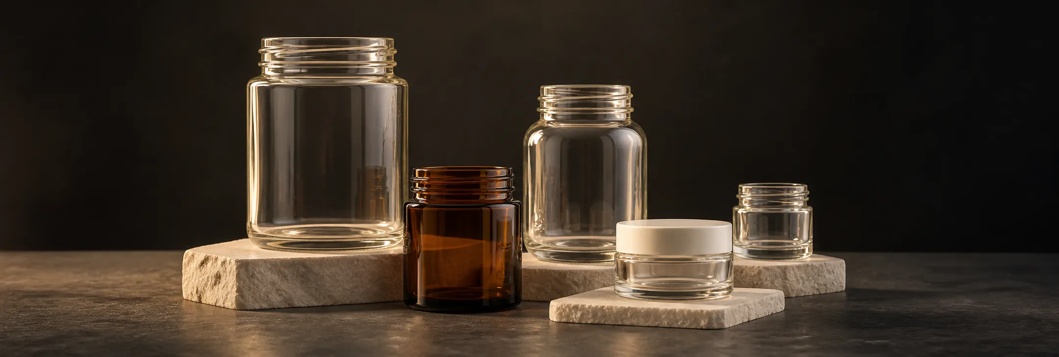 Representative clear and amber glass jars with wide-mouth and cosmetic formats