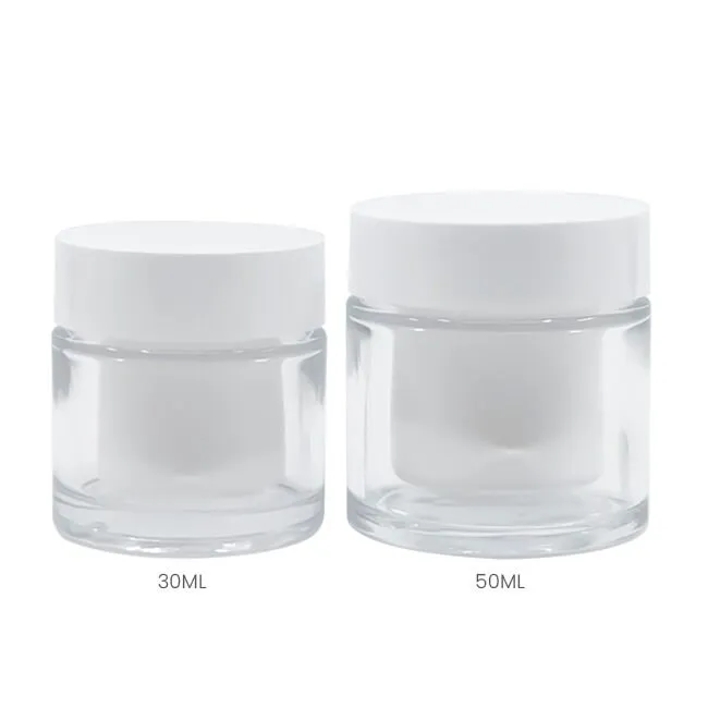 Glass skincare jar with white lid — representative cosmetic packaging