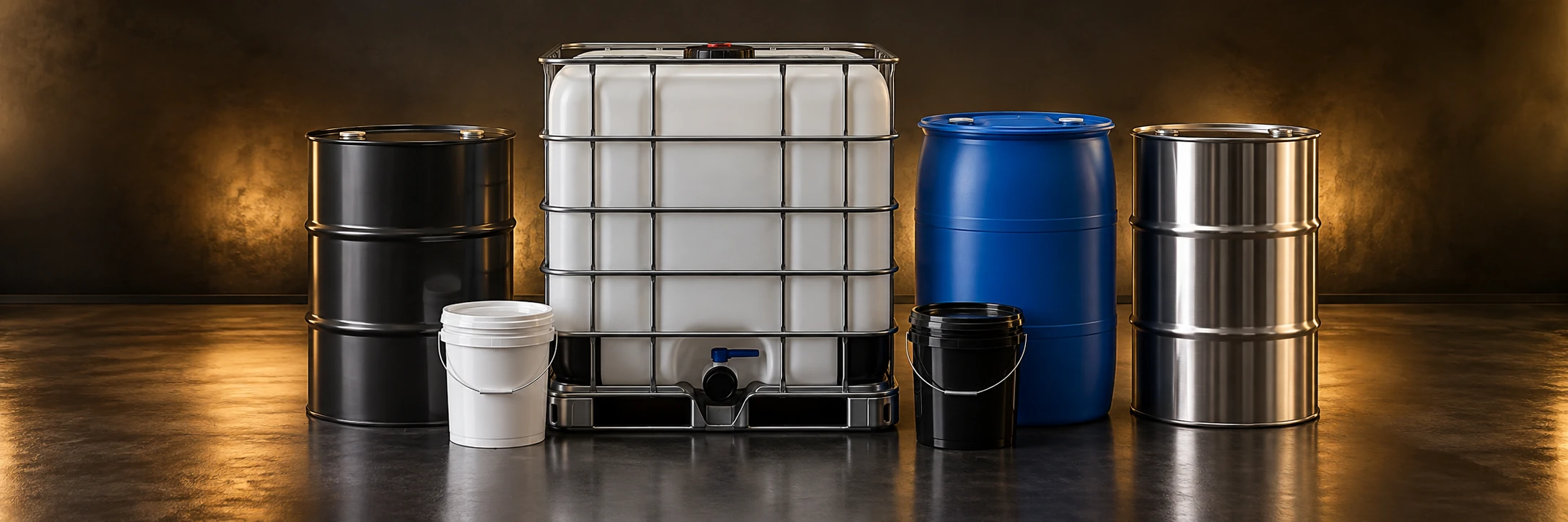 Representative studio arrangement of steel and plastic drums, an IBC tote and pails