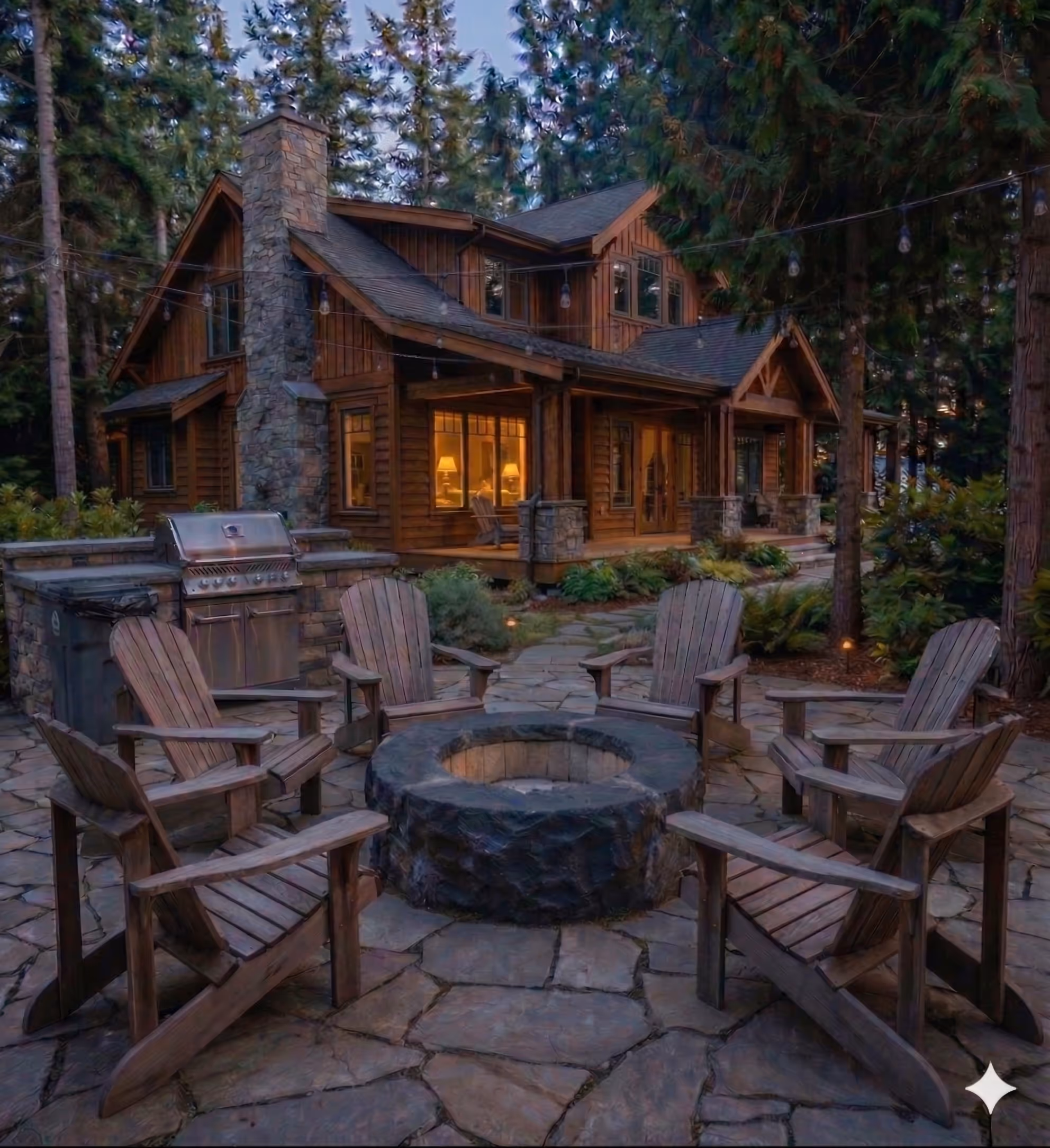 Outdoor stone fire pit surrounded by six wooden Adirondack chairs on a stone patio in front of a rustic wooden house with warm interior lights and forest trees.