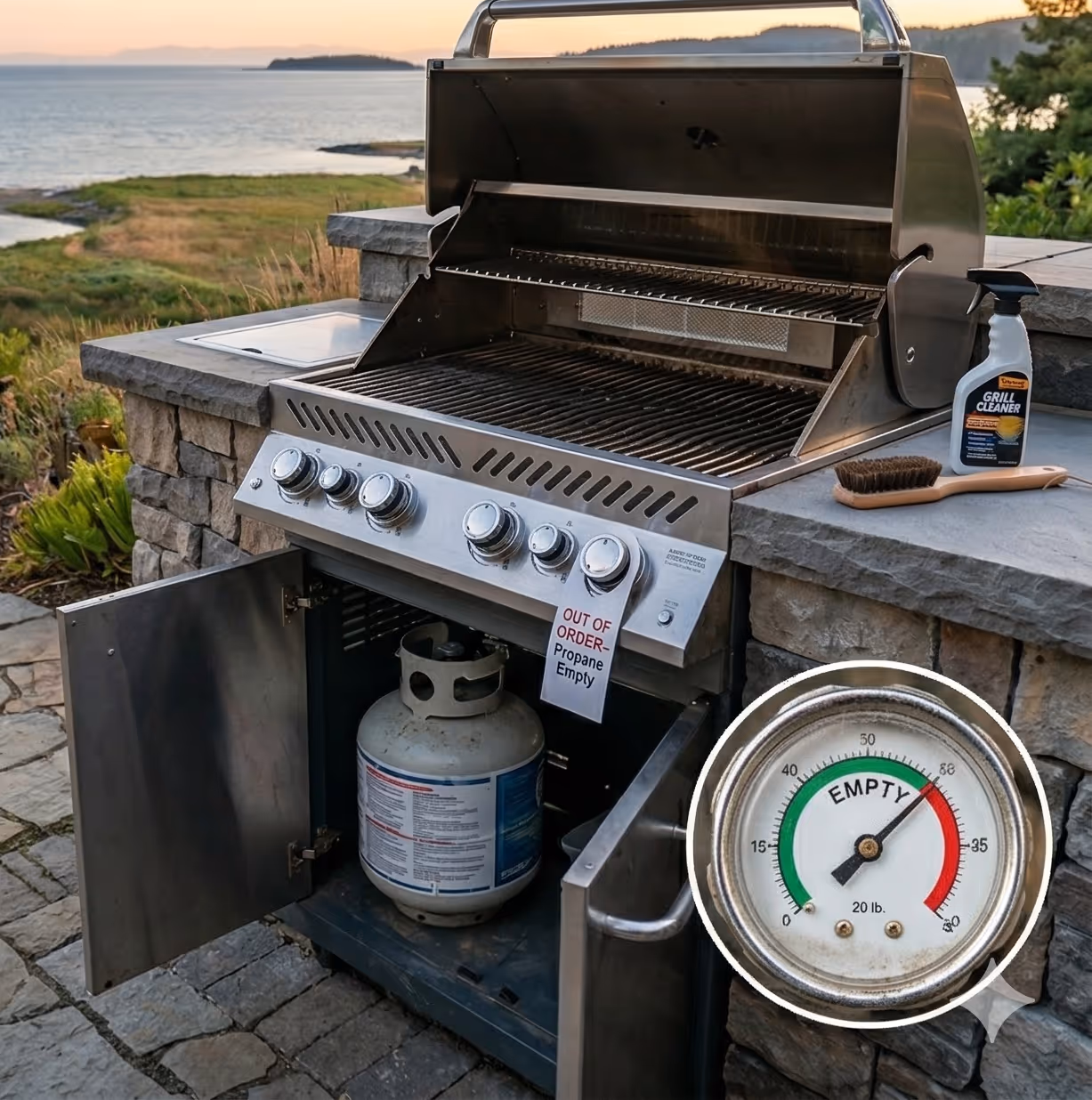 Outdoor stainless steel propane grill with the doors open showing an empty propane tank inside and a close-up of the tank's pressure gauge reading empty, next to grill cleaner and a brush on the stone countertop.