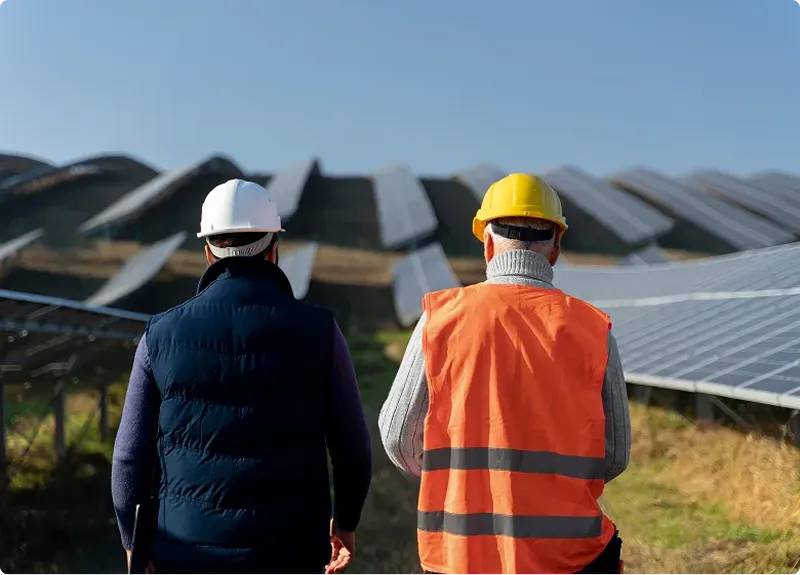 Zwei Ingenieure mit Schutzhelmen inspizieren ein großes Solarkraftwerk im Freien.