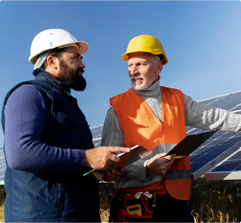 Zwei Bauarbeiter mit Helmen und Schutzwesten prüfen Solarpanels im Freien unter klarem Himmel.
