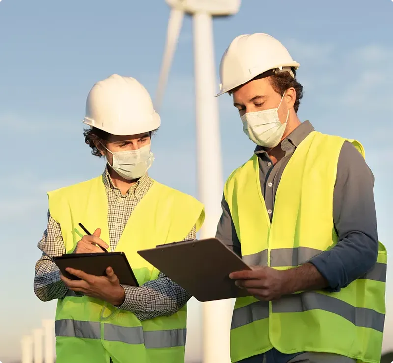 Zwei Arbeiter in Schutzhelmen und Warnwesten prüfen Klemmbretter vor einer Windkraftanlage.