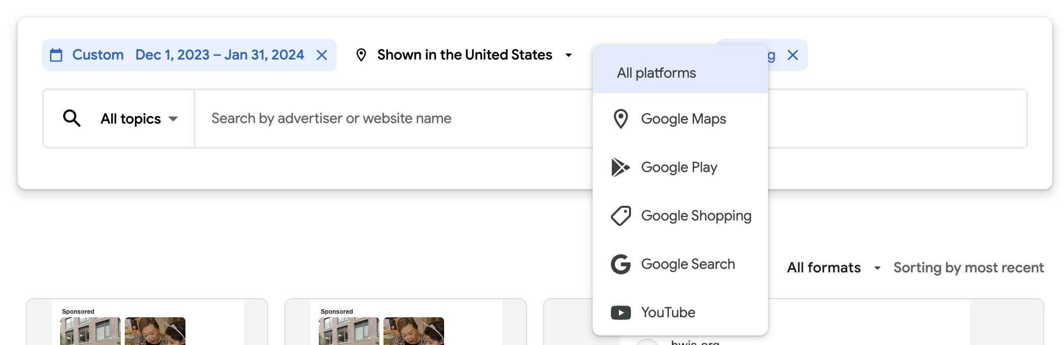 Drop-down filter to select Maps, Play, Shopping, Search, YouTube