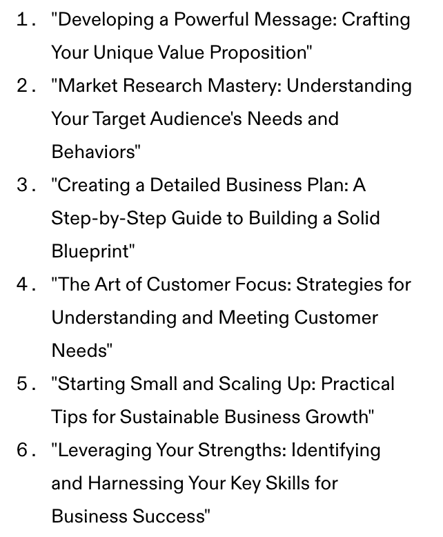 Listicle of topics to write about for starting a business