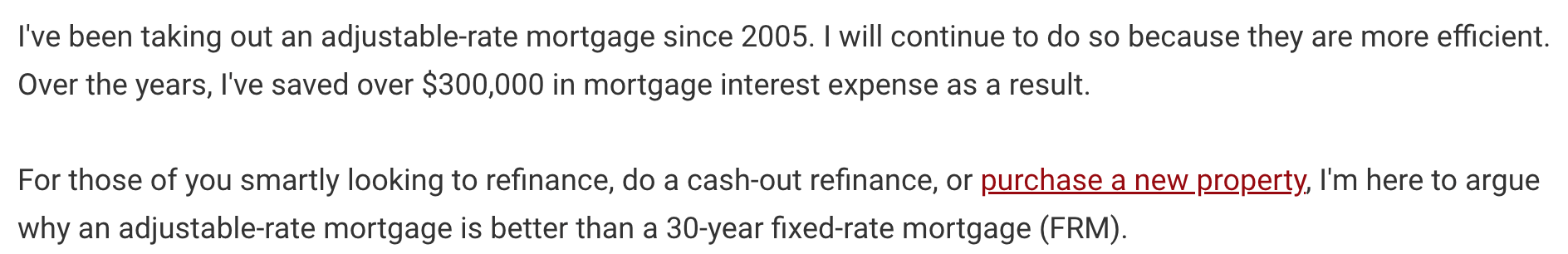 Financial Samurai on adjustable rate mortgages