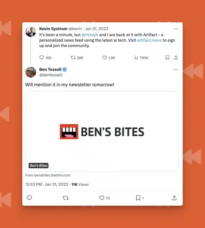 Replying to tweets for backlinks, eg Bens Bites. Credit: Growth in Reverse