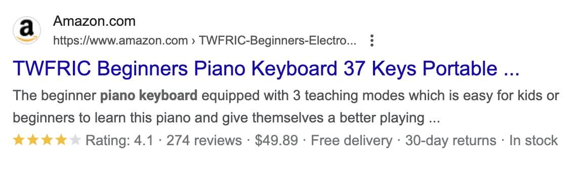 Product rich snippet of Amazon product listing for keyboard