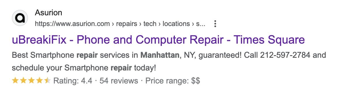 Local business rich snippet for phone repair service