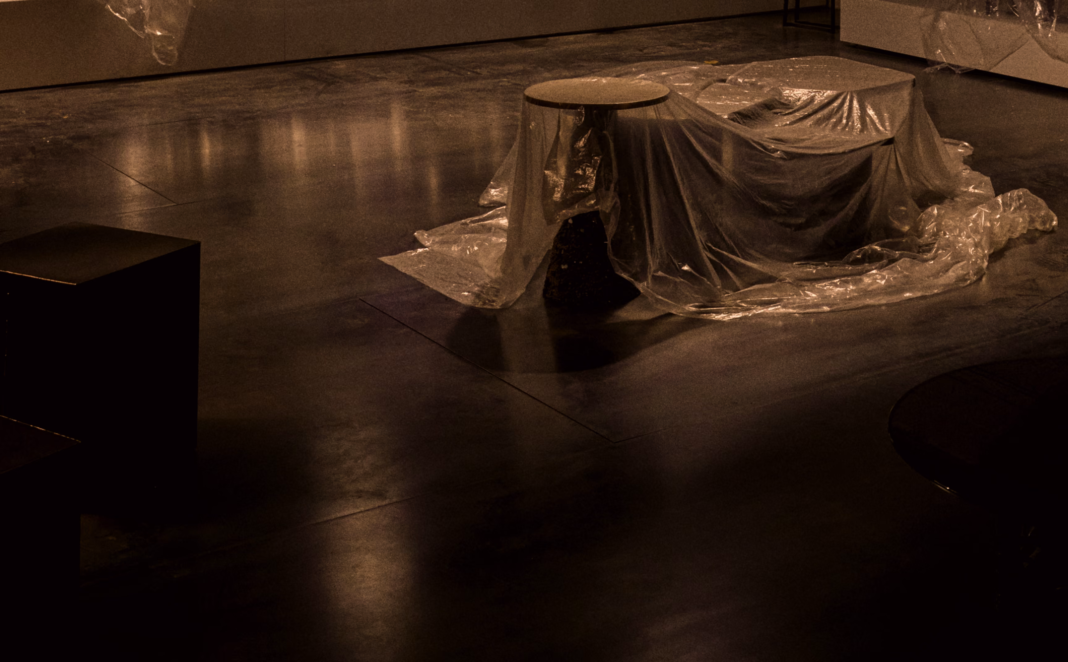 Low-lit room with furniture covered in transparent plastic sheets, creating a dim, reflective atmosphere on the floor.