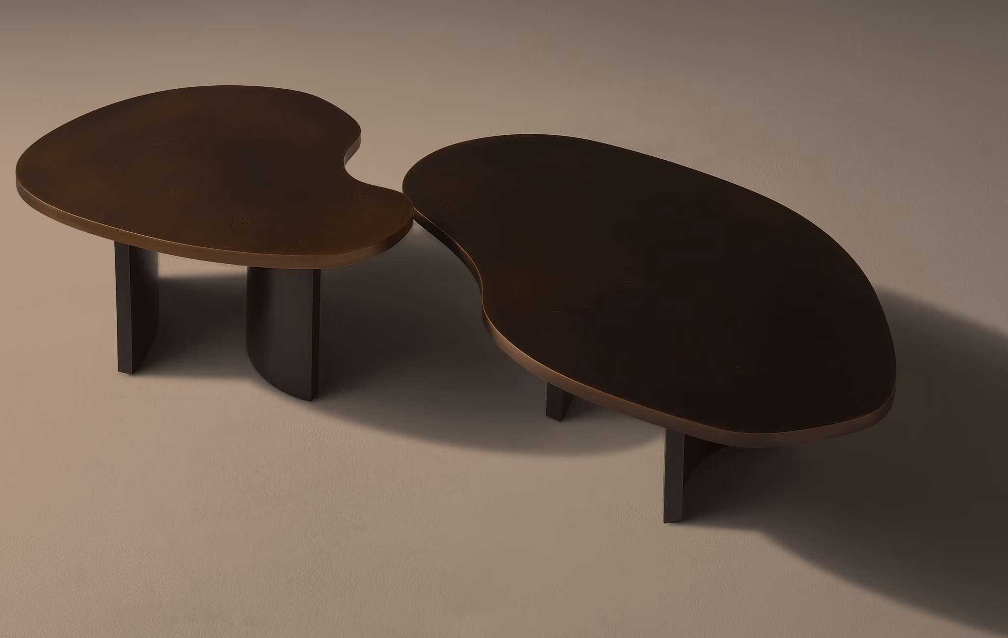 Two dark brown nested coffee tables with organic, rounded shapes, placed on a neutral surface casting soft shadows.