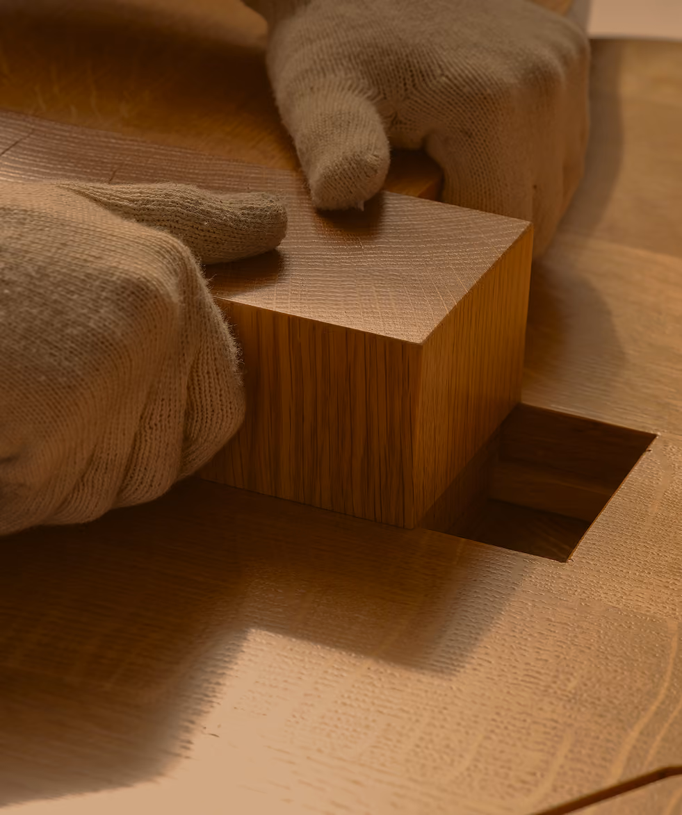 Hands wearing gray gloves fitting a smooth wooden block into a matching square hole on a polished wooden surface.