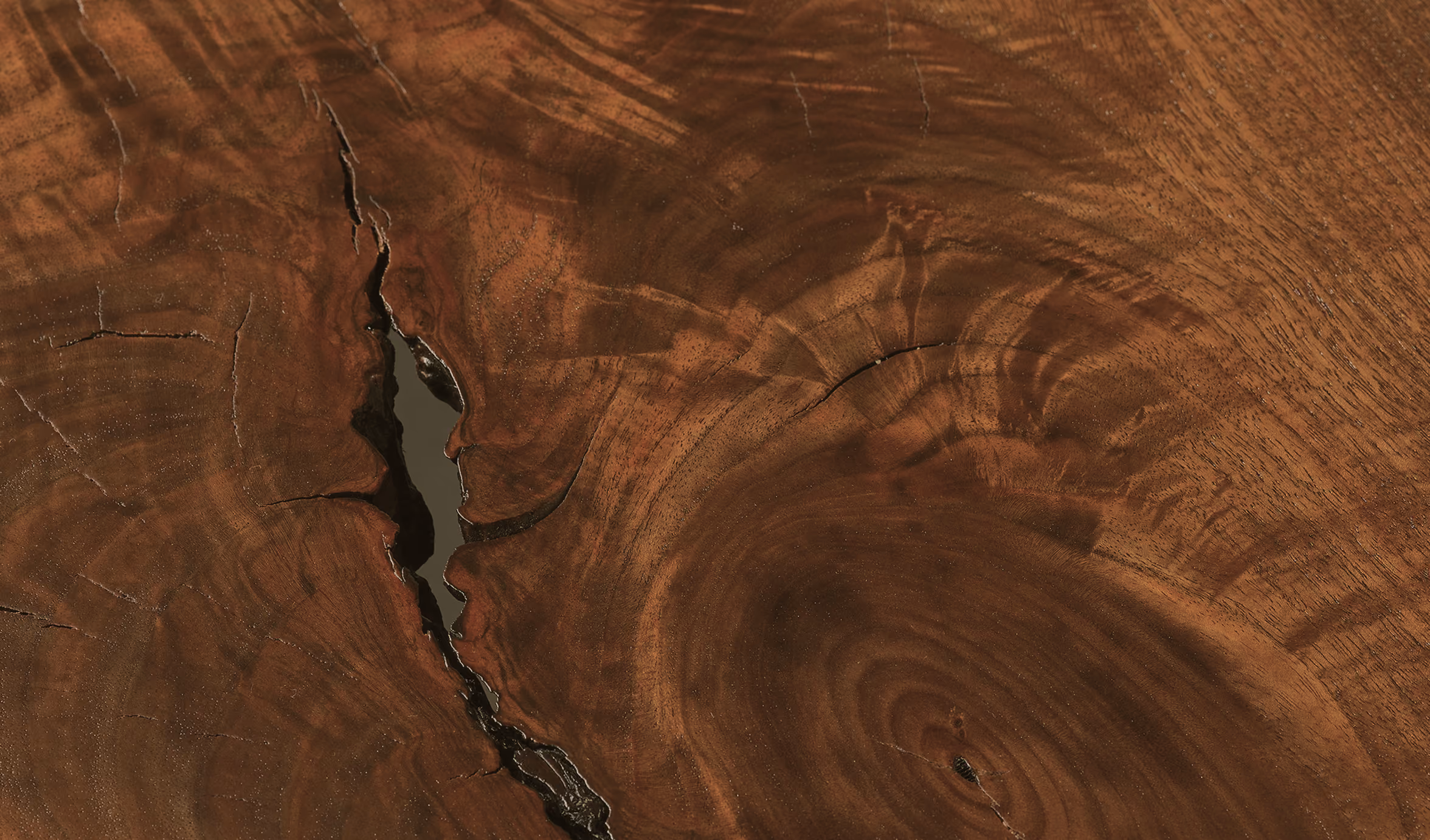 Close-up view of a polished dark walnut wood slab showing natural grain patterns, growth rings, knots, and a prominent split filled with resin.