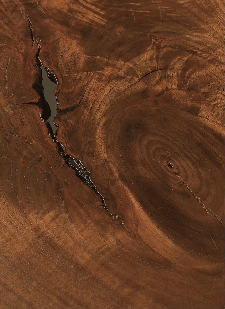 Close-up of a polished walnut wood slab showing natural grain patterns, growth rings, and a dark resin-filled crack.