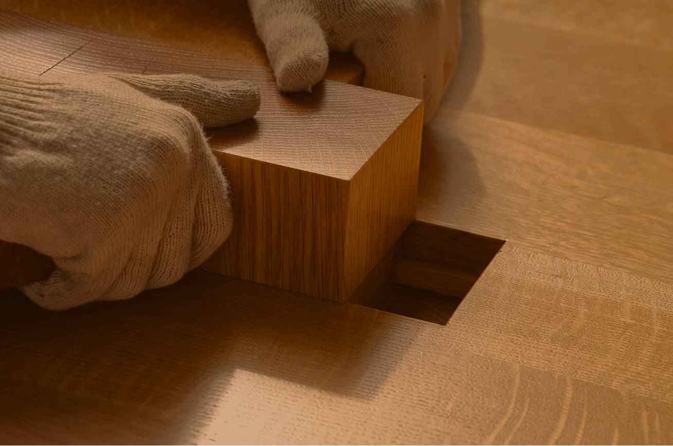 Hands wearing beige gloves fitting a wooden block piece into a matching square hole on a wooden surface.