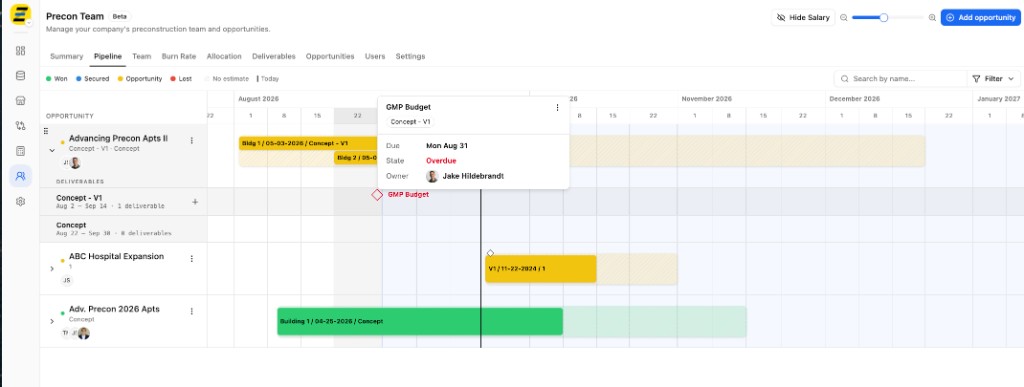 Precon Pipeline timeline showing opportunities, deliverables, and due dates