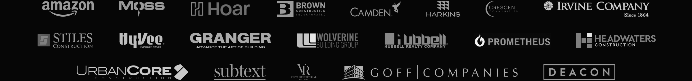 Logos of construction companies and real estate developers that use Zebel, including Amazon, Moss, Hoar, Brown Construction, Camden, Harkins, Crescent Communities, Irvine Company, Stiles, Hy-Vee, Granger, Wolverine Building Group, Hubbell, Prometheus, Headwaters, UrbanCore, Subtext, Vista Residential, Goff Companies and Deacon