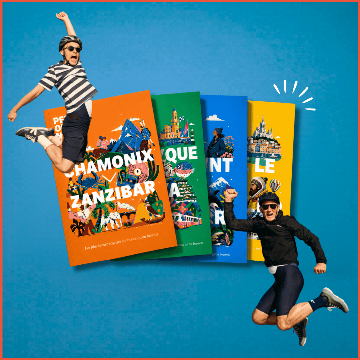 Deux hommes en tenue cycliste sautant à côté de quatre magazines colorés de voyage.