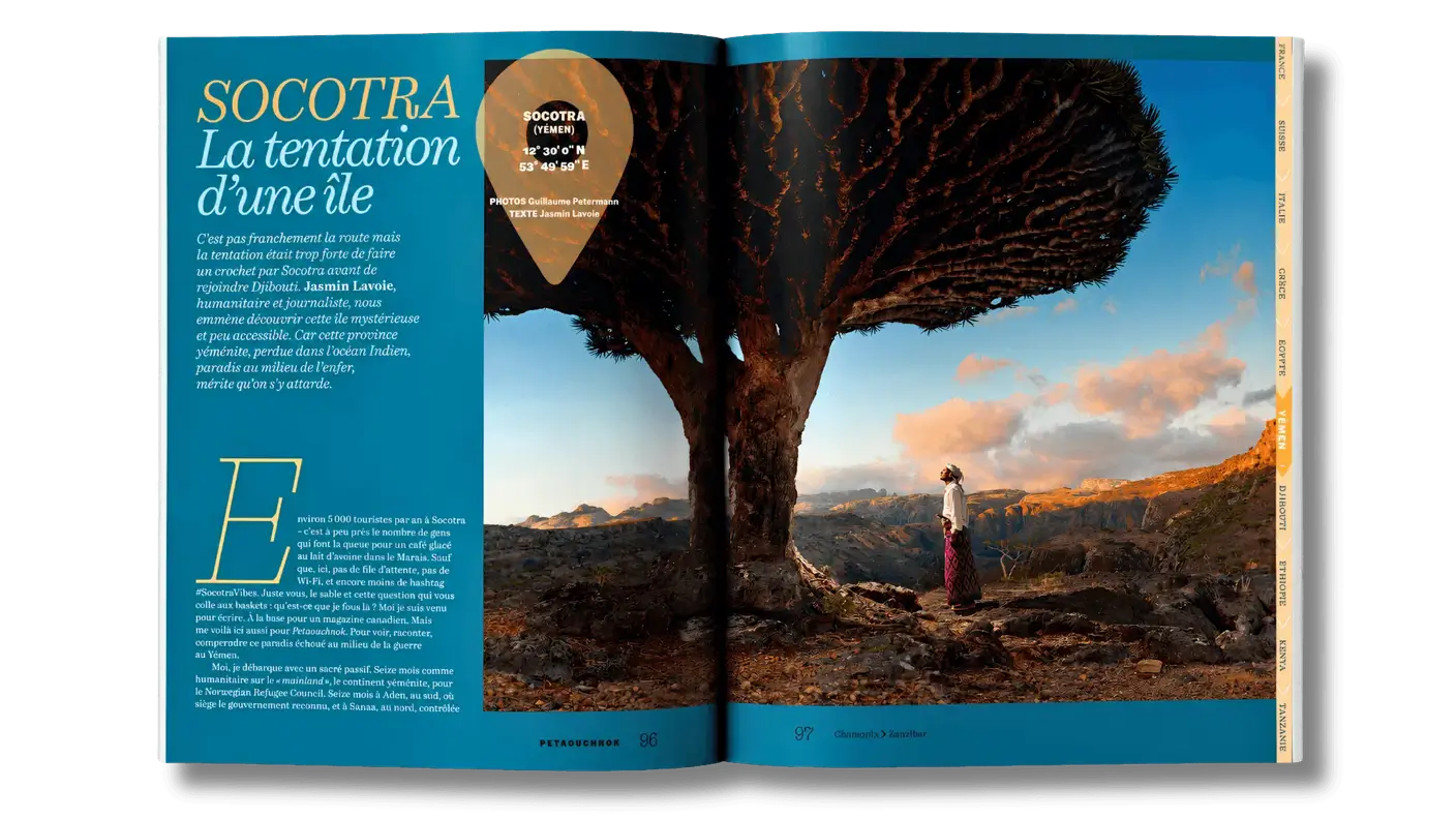 Personne tenant un enfant debout sous un grand arbre dragon dans un paysage rocheux au coucher du soleil.