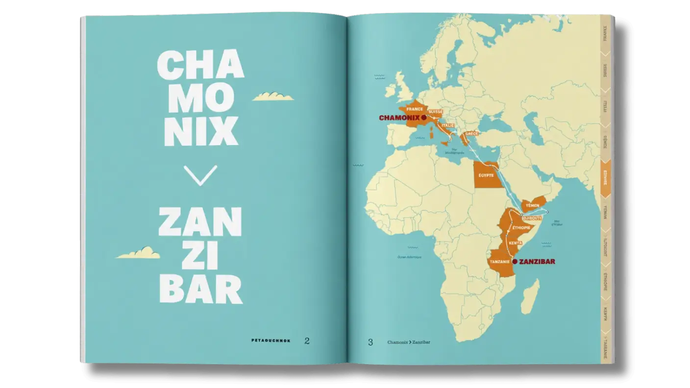 Carte d'un itinéraire de Chamonix à Zanzibar en passant par plusieurs pays d'Europe et d'Afrique.