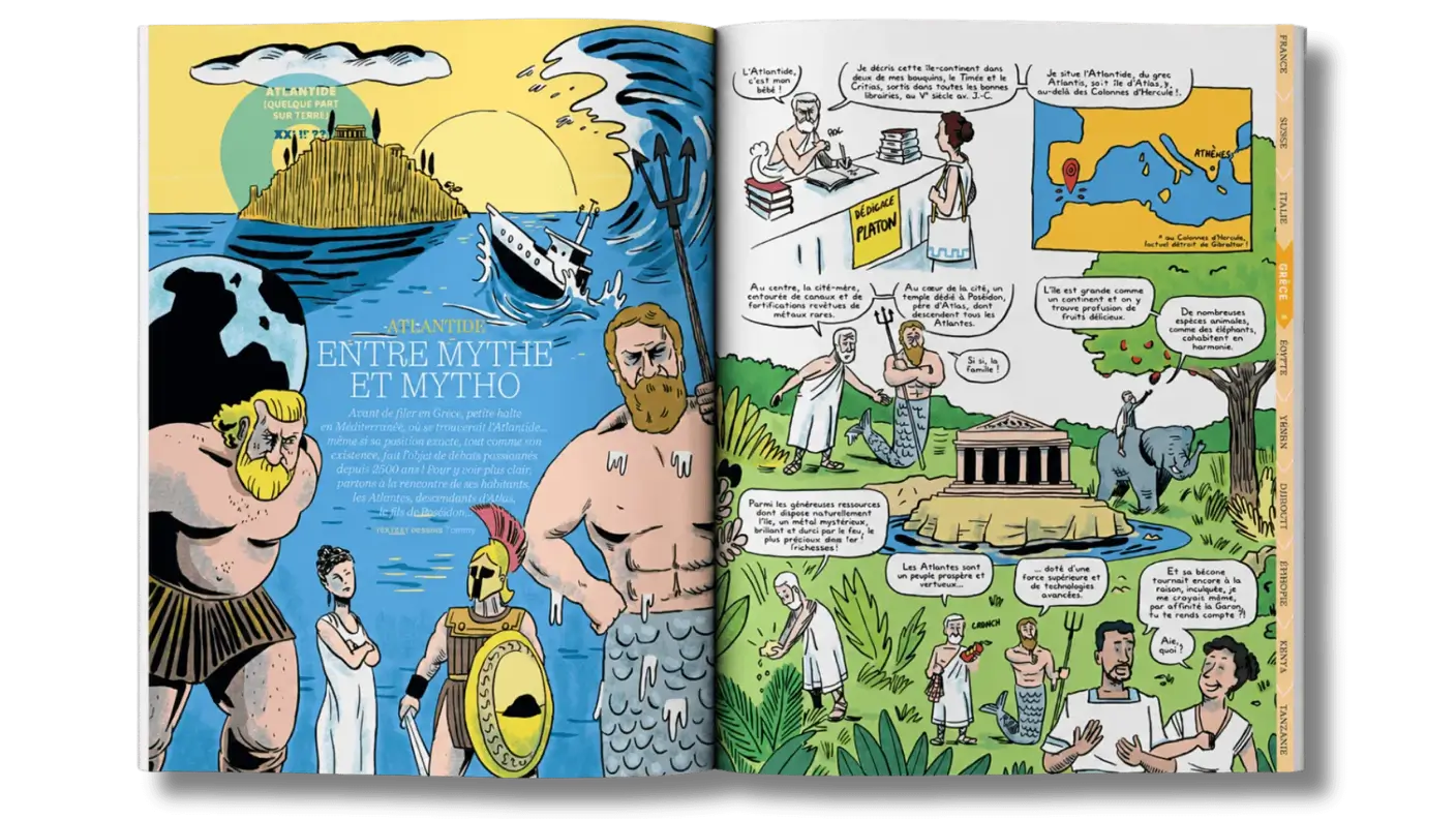 Bande dessinée sur l'Atlantide avec personnages mythologiques, une carte, et un temple grec ancien.