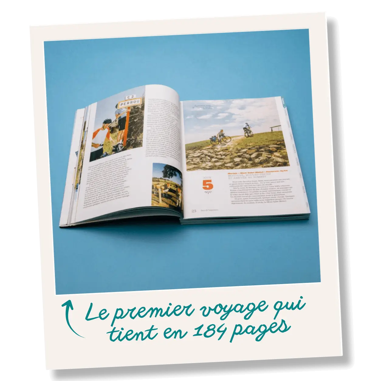 Magazine Petaouchnok ouvert sur une page avec photos de cyclistes sur chemin rocheux et texte en français.