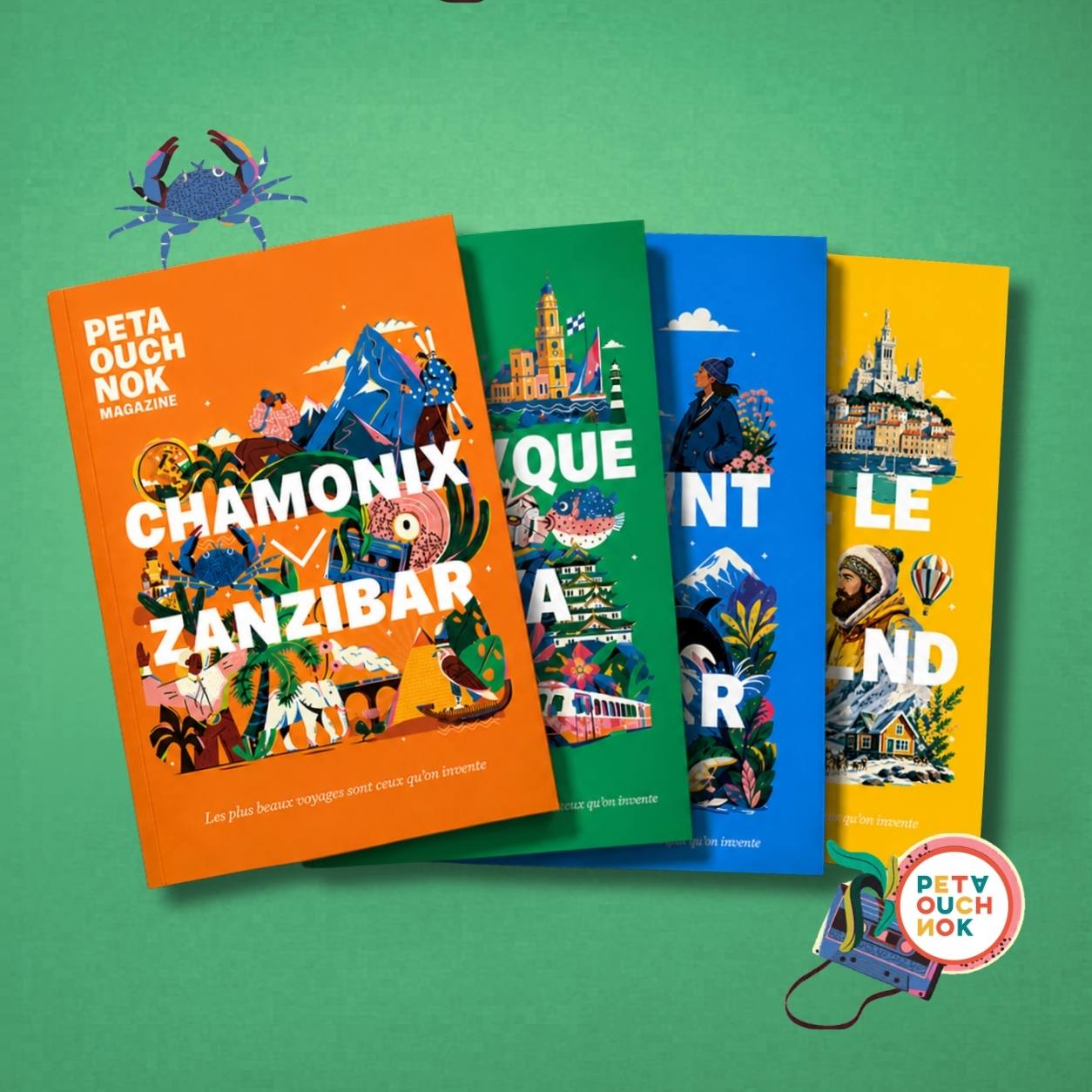 Quatre magazines colorés PETATOUCHNOK avec illustrations de lieux et voyages superposés.