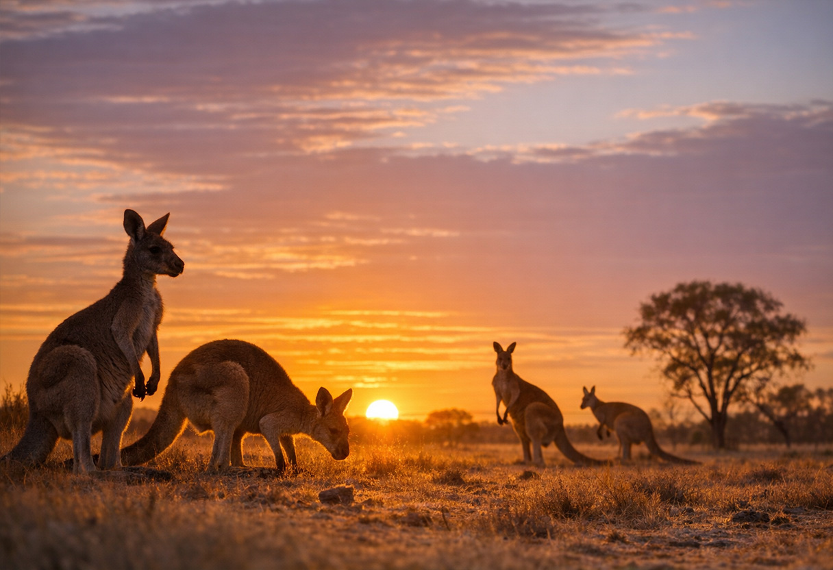 Kangaroos at sunset