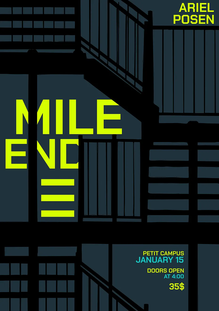 Mile End III poster: Black vector stairs, dark background and bright green type.