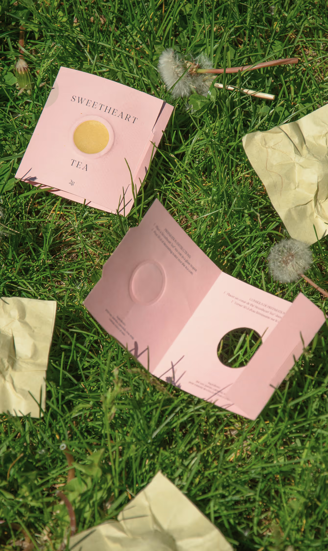 Tea packaging on green grass, dandelions are in grass.