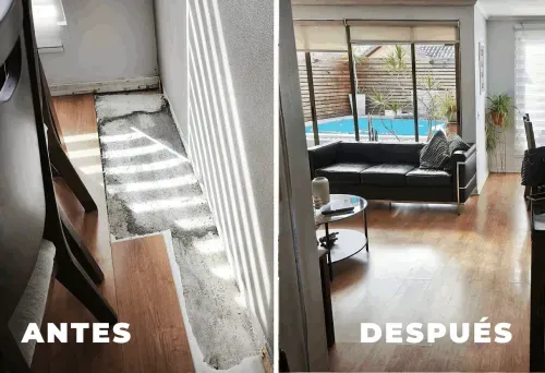 Comparación antes y después de piso reparado en sala comedor de residencia en Santiago, Chile.