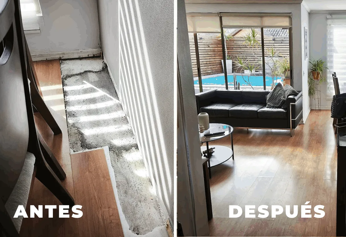 Comparación antes y después de piso reparado en  sala comedor de residencia en Santiago, Chile.
