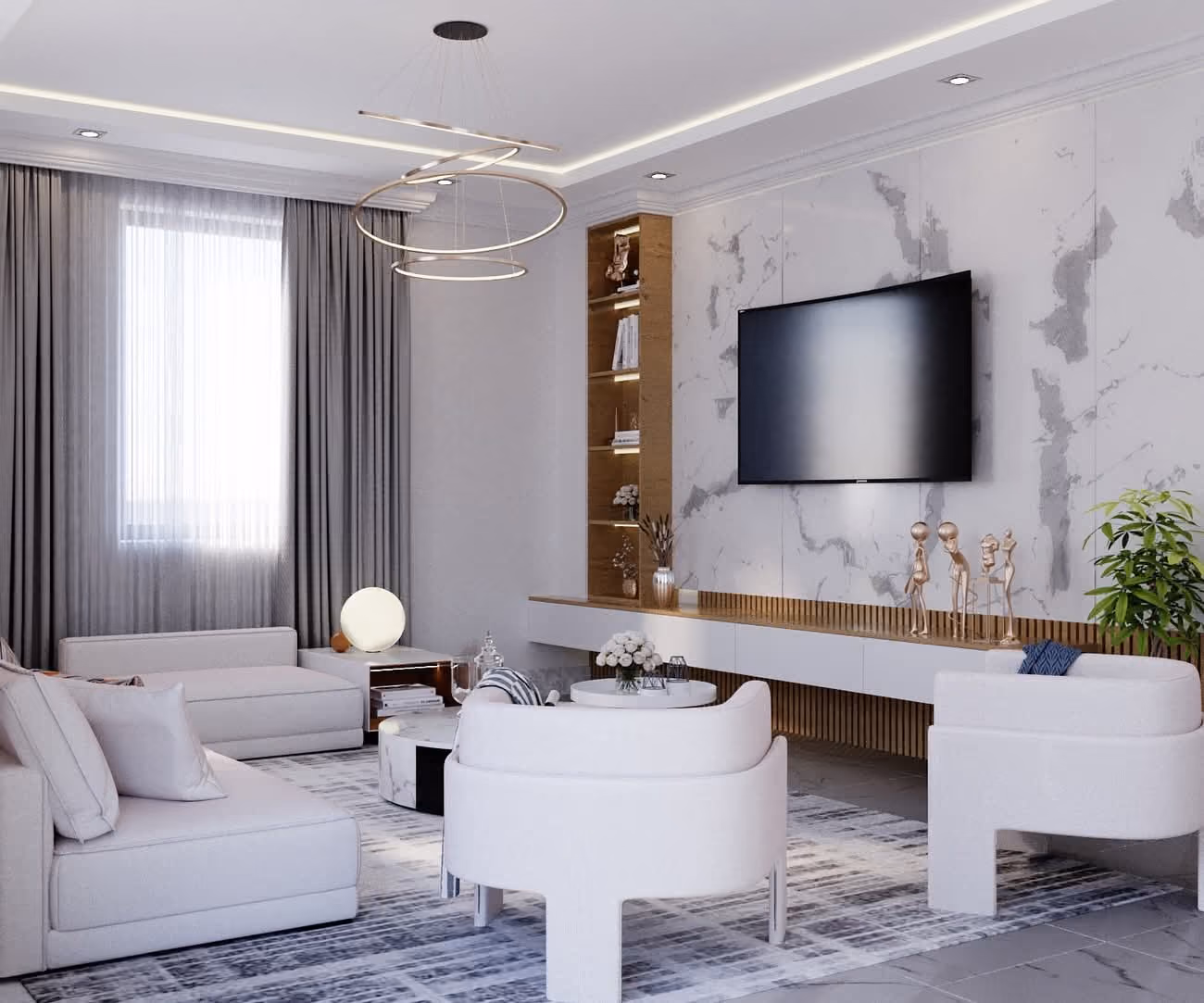 Modern living room with white furniture, a round chandelier, marble wall, and a flat-screen TV.