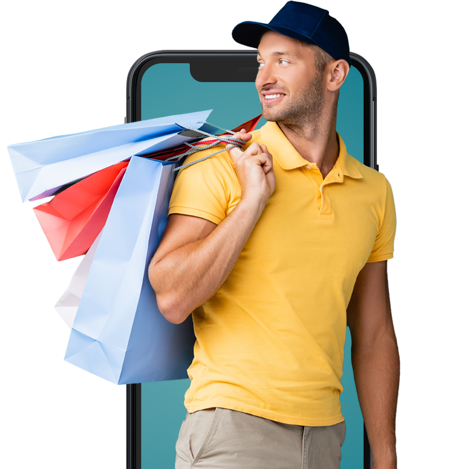 Shopper emerging from smartphone representing e-commerce integration