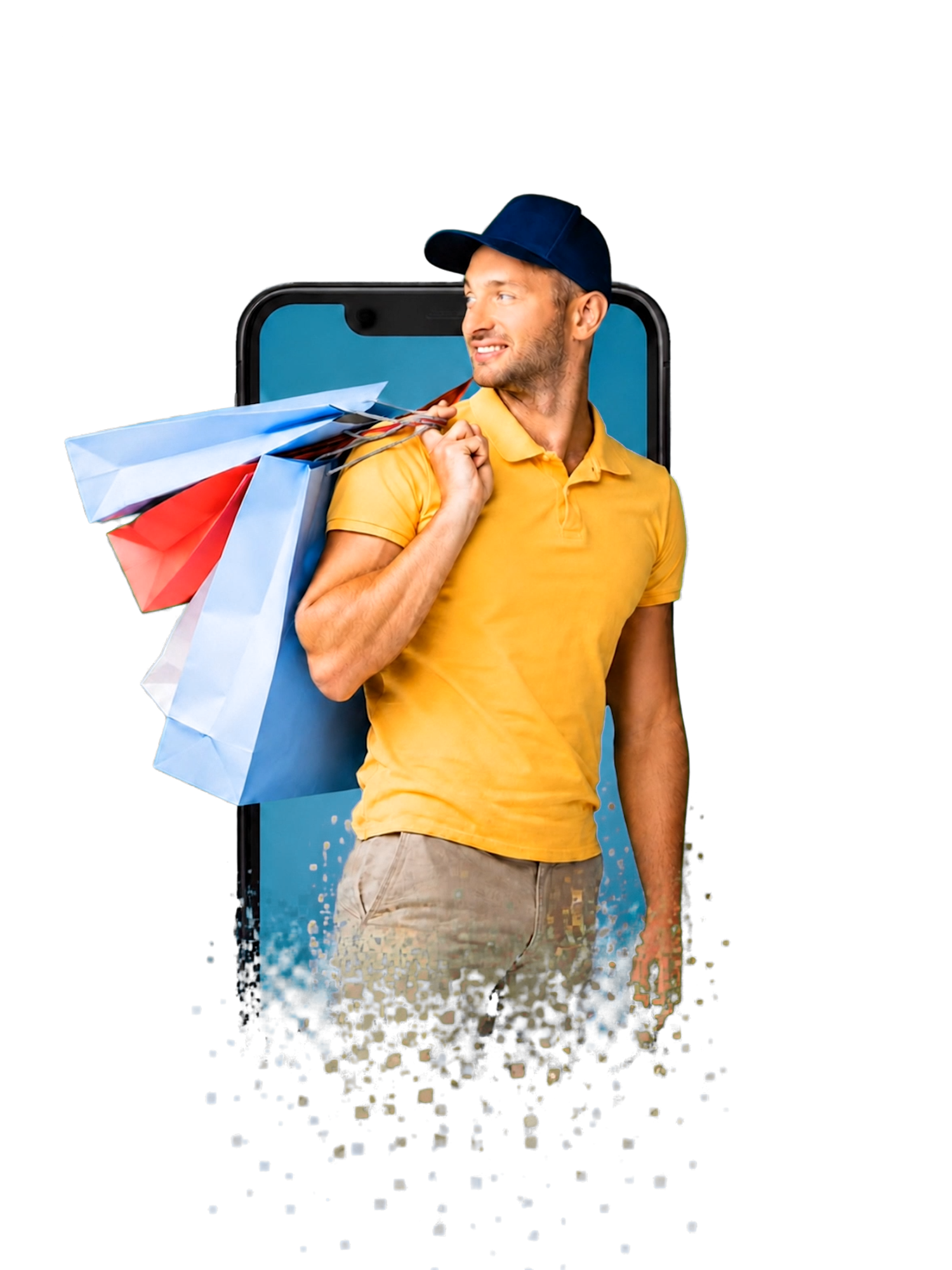 Shopper emerging from smartphone representing e-commerce integration
