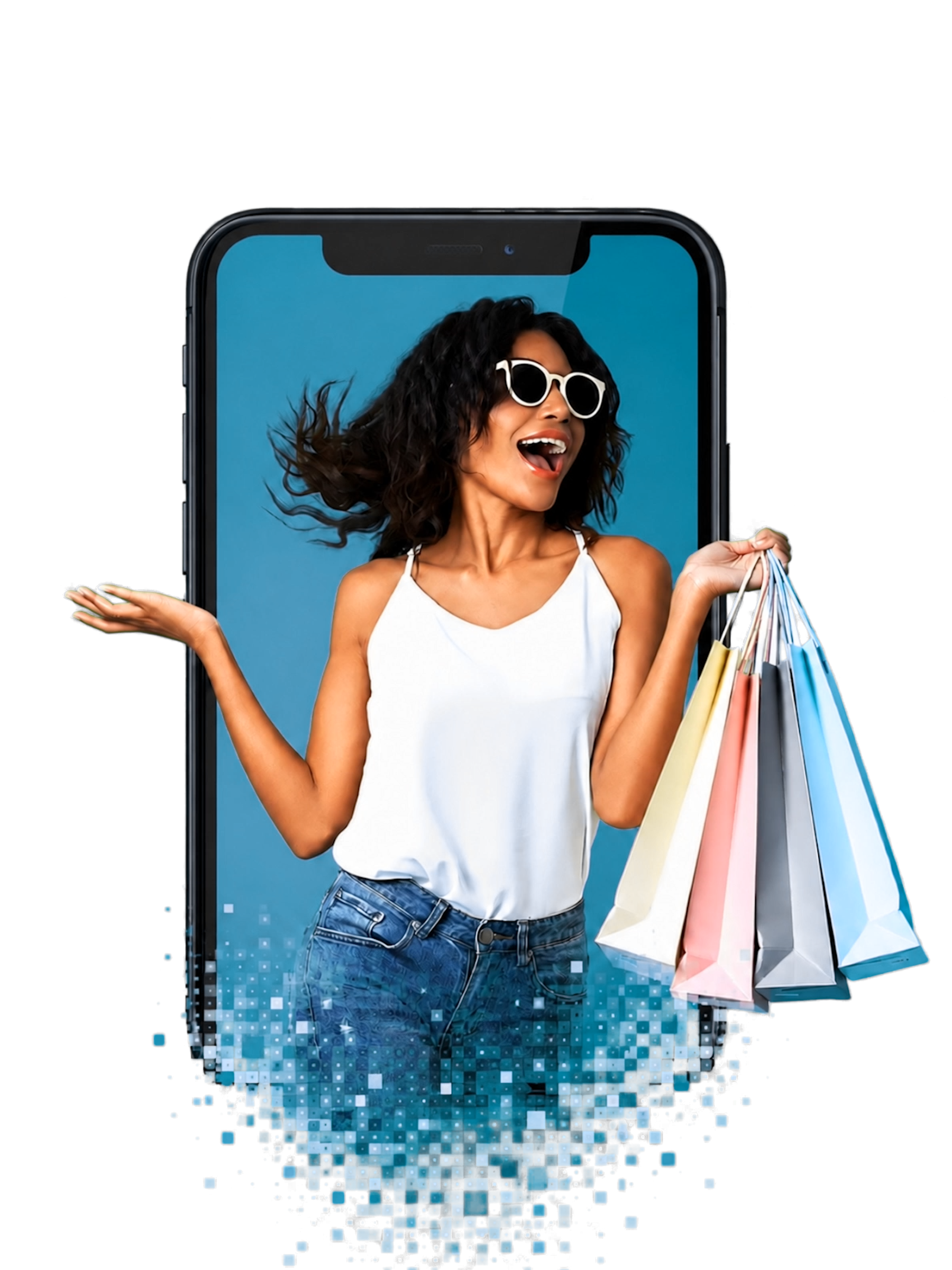 Shopper emerging from smartphone representing e-commerce integration