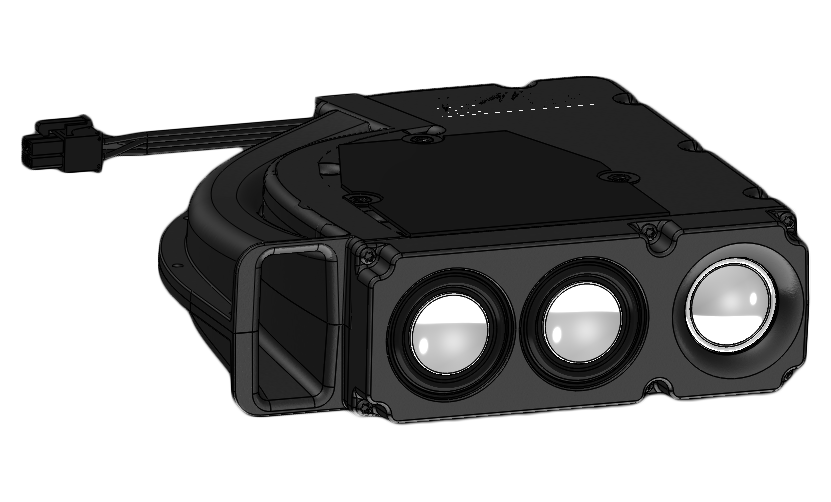 CAD render of a Soen custom acoustic enclosure with two speakers, a tweeter and patented port technology