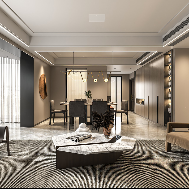 Soen ceiling speakers installed flush in the living room of a modern luxury home