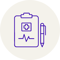 A line style illustration of a clipboard and pen.