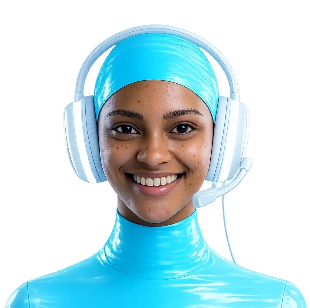 Smiling woman wearing a blue shiny headscarf and headset with microphone on black background.