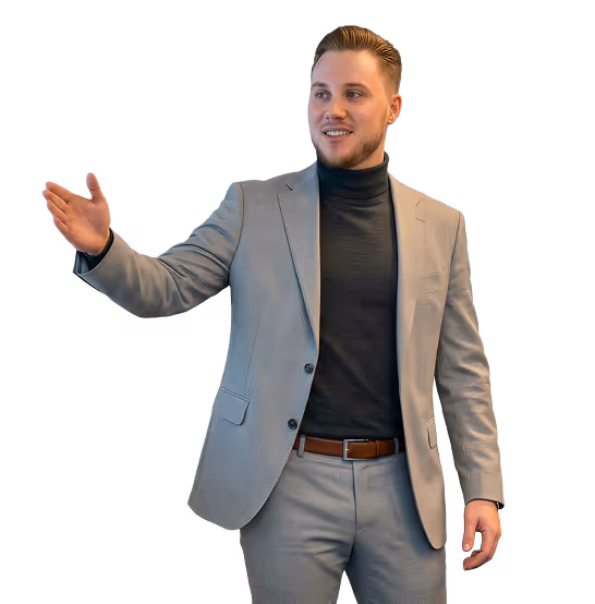 Man in a gray suit with a black turtleneck gesturing with his left hand.